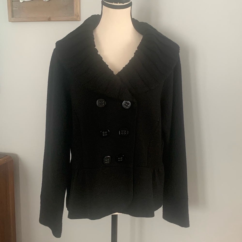 Black double breasted peplum sweater coat, Sz L